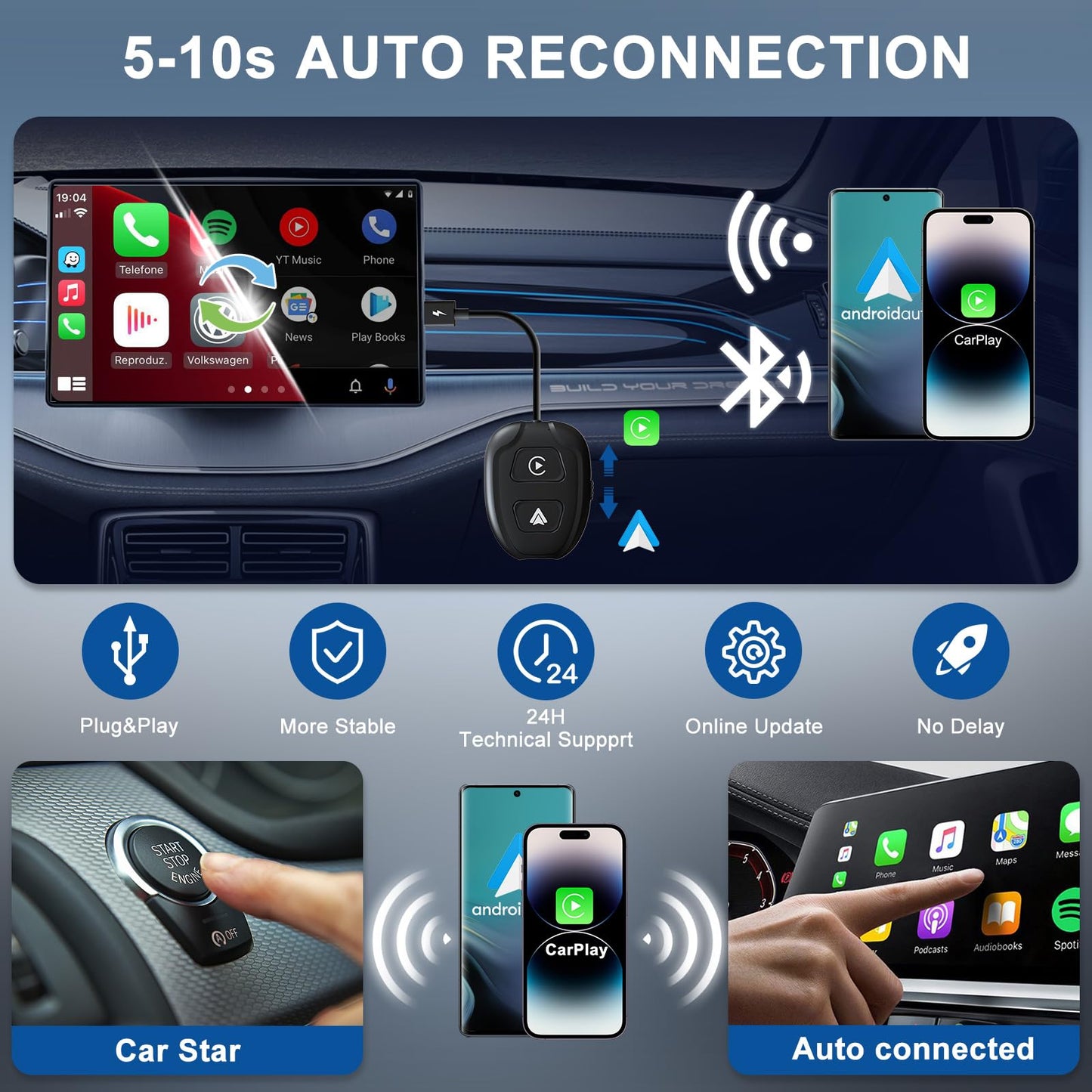 Wireless CarPlay Adapter for iPhone,Converts Factory Wired to Wireless,Plug & Play,Stable Control & No Delay,2025 Upgraded 2 in 1,USB A/C Port to iOS