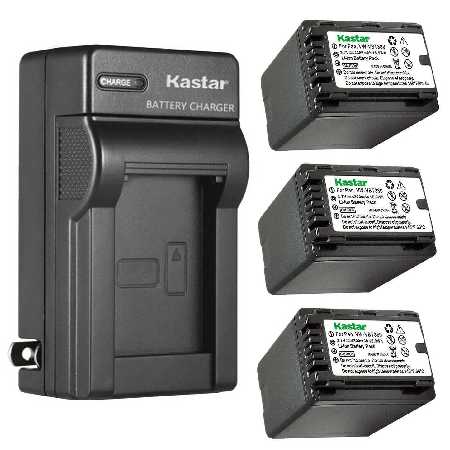 Kastar 3-Pack Battery and AC Wall Charger Replacement for Panasonic HC-V160K, HC-V160GK, HC-V180, HC-V180K, HC-V180GK, HC-V201, HC-V201K, HC-V210