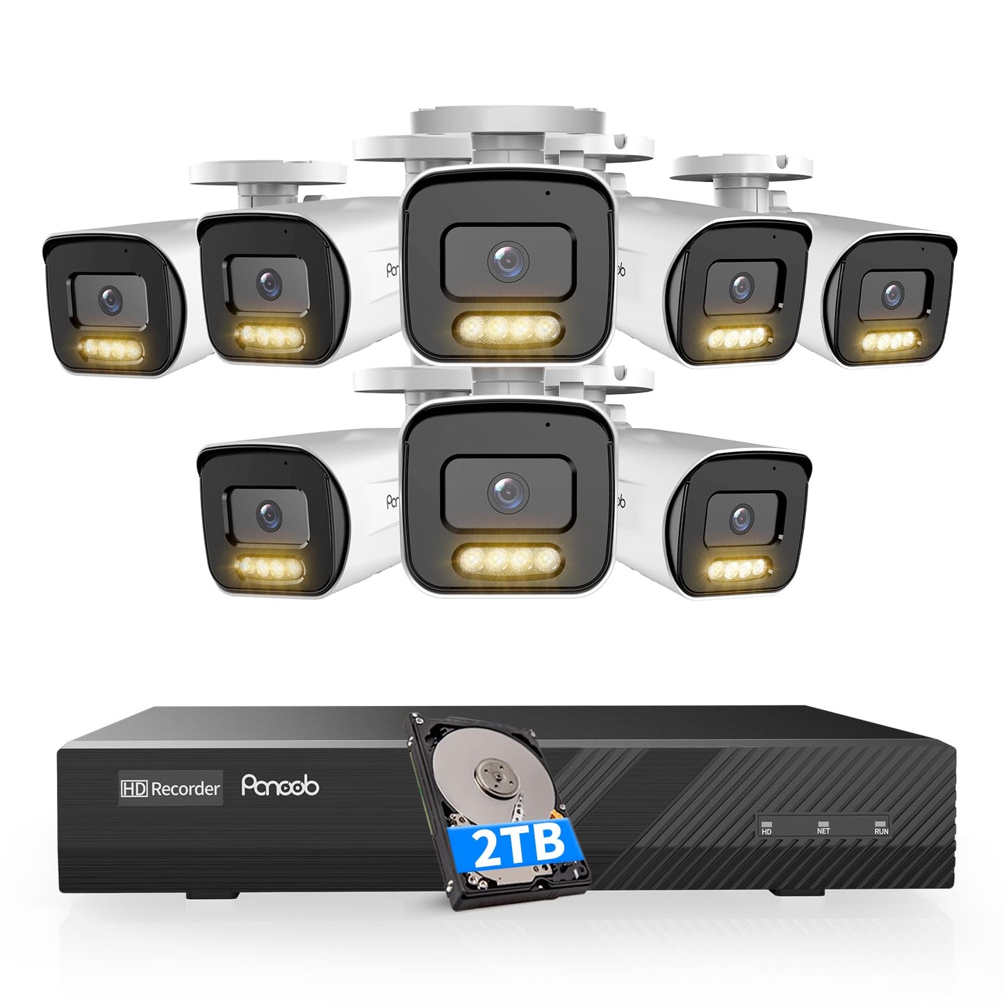 PANOOB 8 Channel Security Camera System, 8PCS 5MP IP Bullet PoE Camera with 2 Way Audio, Smart Dual Lights Color Night Vision, AI Human Detection