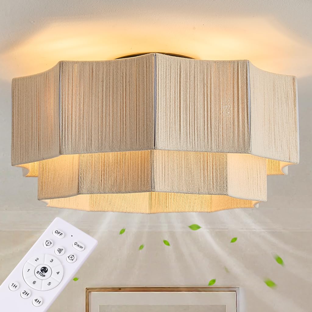 Boho Fandelier Ceiling Fan with Light, High-Density Tightly Woven Cotton Flush Mount Chandelier Ceiling Fan, Bladeless Low Profile Design with Quiet