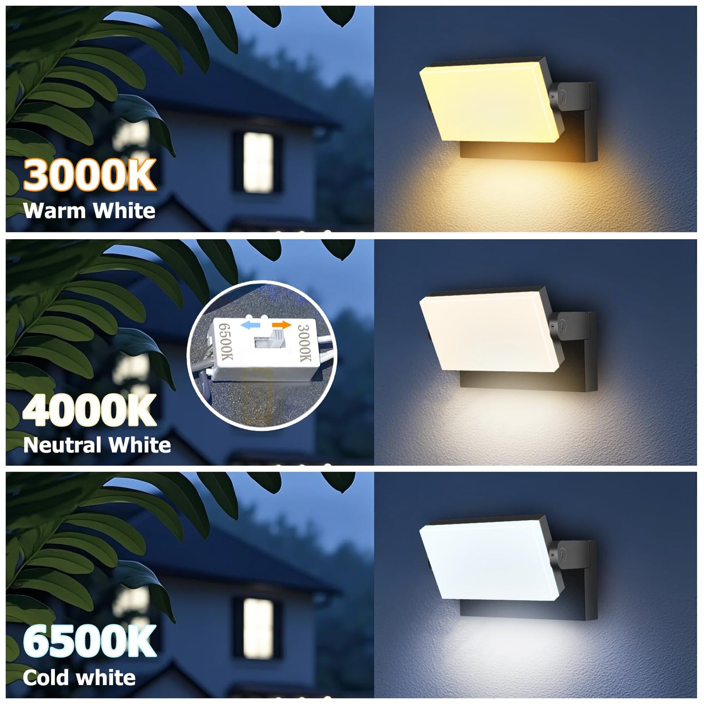rosykite 3CCT LED Outdoor Wall Lights, 4800LM, 360° Adjustable, 3 Color Modes, IP66 Waterproof, Security Wall Pack Flood Lights for Garage, Porch