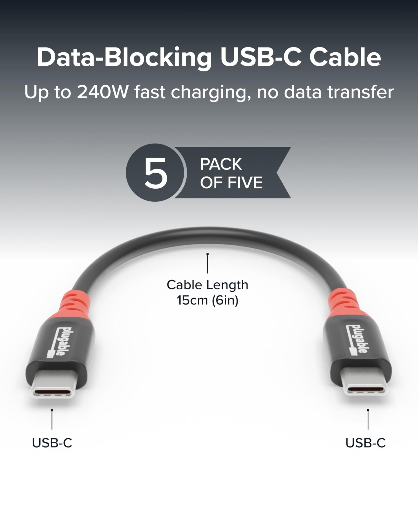Plugable USB C to USB C Cable, Data Blocker Charge Only Cable 6in (Pack of 5): 240W Safe Charging for MacBook Pro, iPhone 15/16, iPad, XPS and More