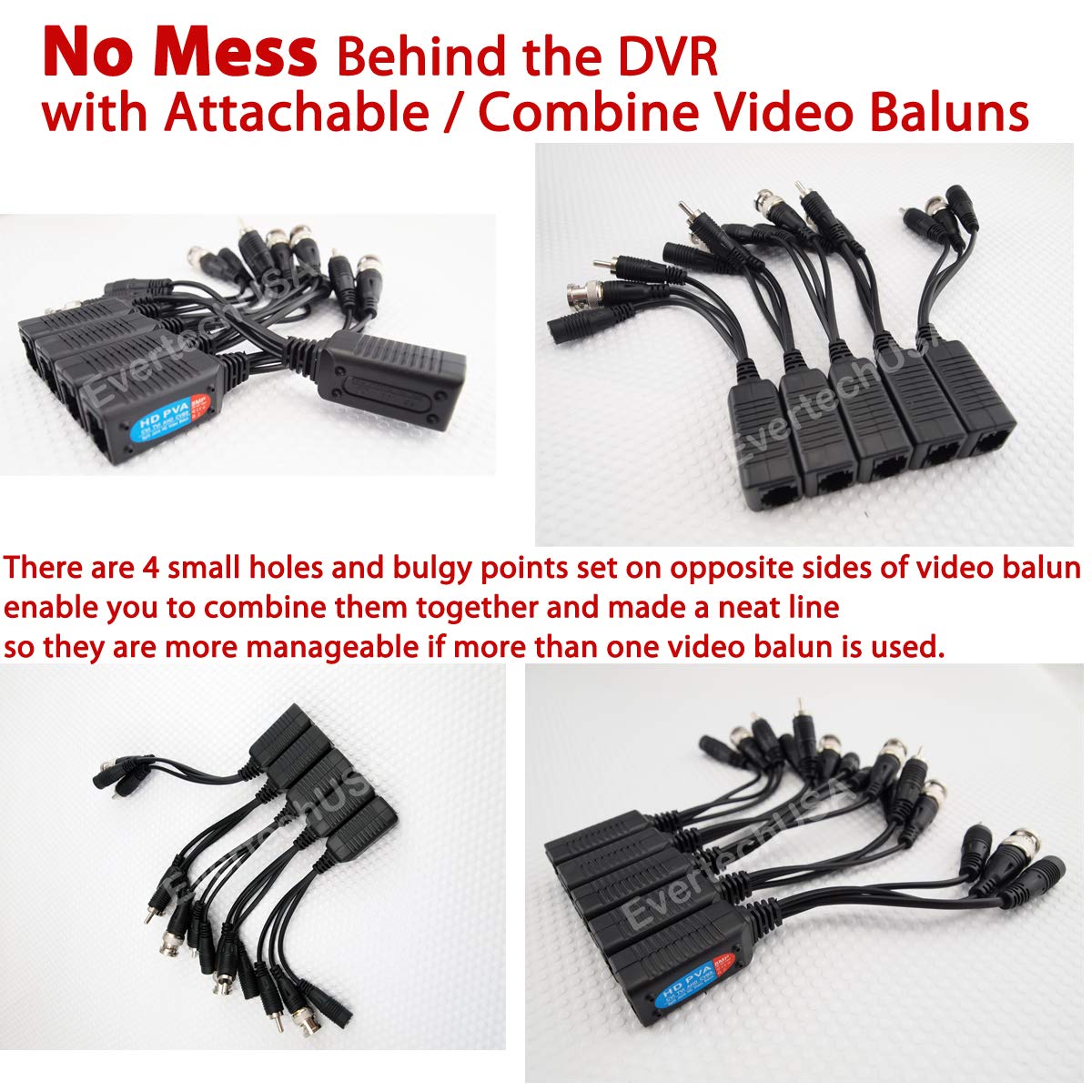 Evertech HD-CVI/TVI/AHD Passive Video Balun with Power Connector and RJ45 CAT5 Data Transmitter BNC Twisted Pair (4 Pairs 8 pcs Megapixel)
