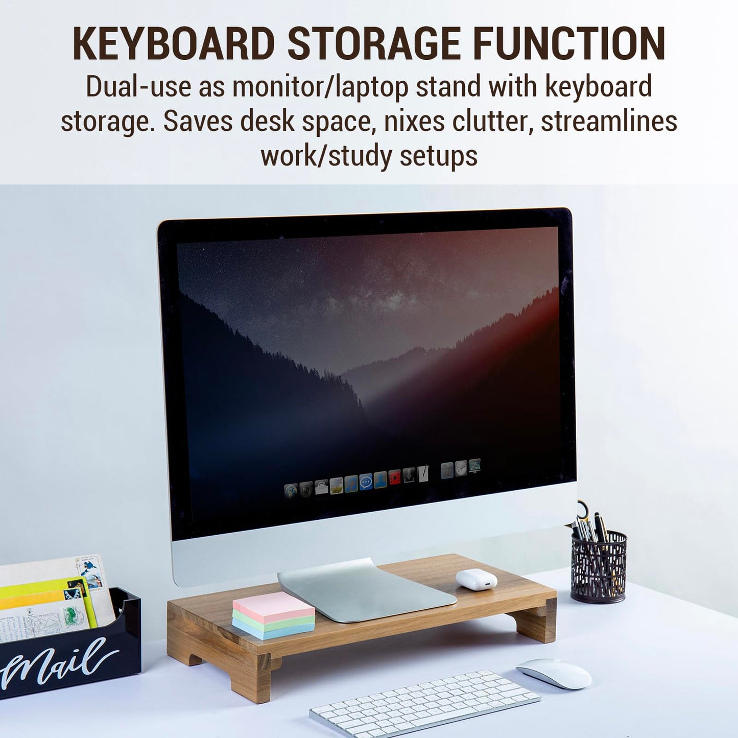 MyGift Premium Acacia Solid Wood Desk Monitor Stand, Laptop Riser & Keyboard Storage - Wooden Desktop Organizer for Screen Display and Workspace