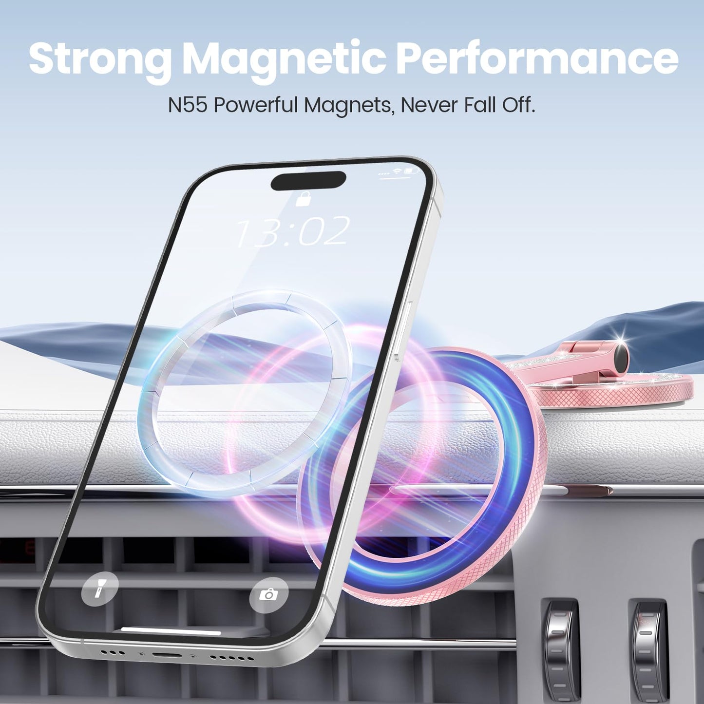 Pikabo Pink Phone Holders for Your Car, Dashboard Windshield Car Phone Holder Hands Free Phone Mount for Car Compatible with iPhone MagSafe