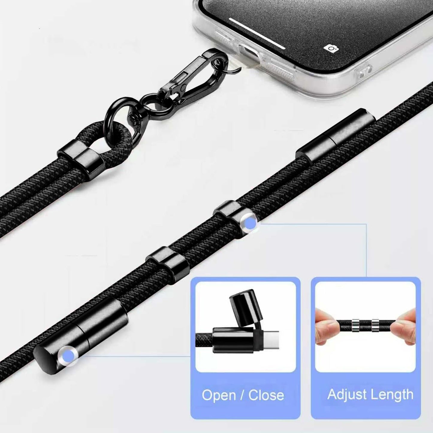AntoFlash 2-in-1 Phone Lanyard USB-C Charging Cable, 60W Fast Charge Braided Crossbody Phone Strap, Adjustable Anti-Lost USB-C to USB-C Cable