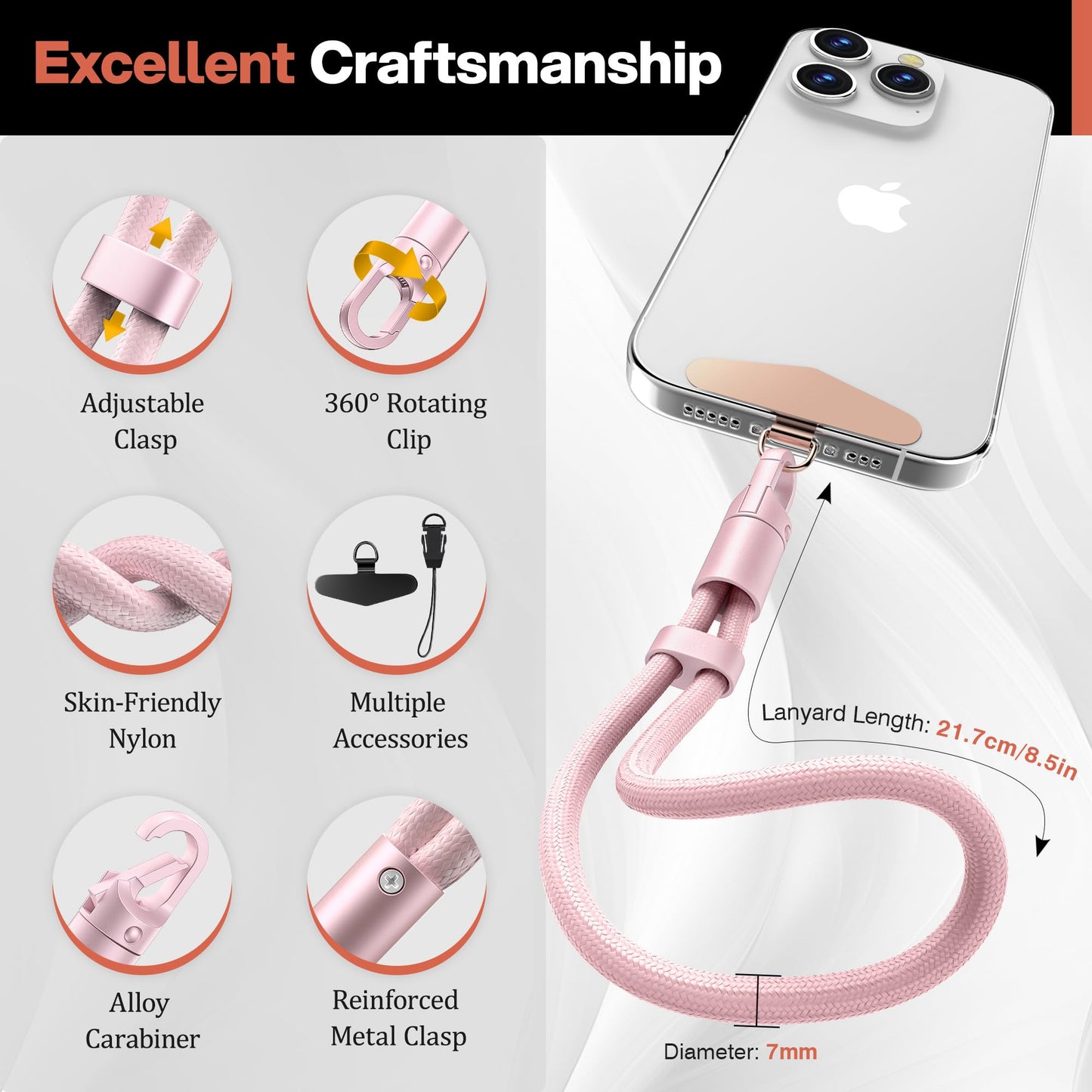 Kaptron Adjustable Phone Wrist Strap - Universal Cell Phone Lanyard Wrist Strap with Lanyard Patches (Pink)
