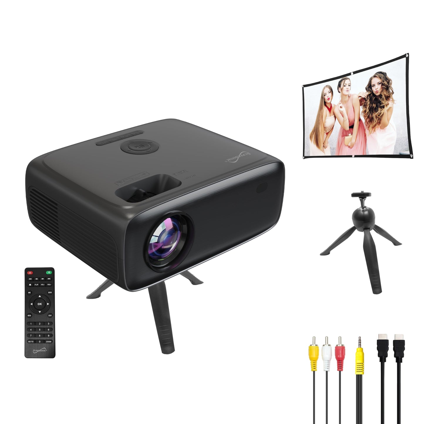 Supersonic SC-282P KIT Full HD 1080P LED PROJECTOR with Bluetooth 150" Display, 3×HDMI, USB/SD, Keystone, Built-In Speaker, Includes 100" Screen