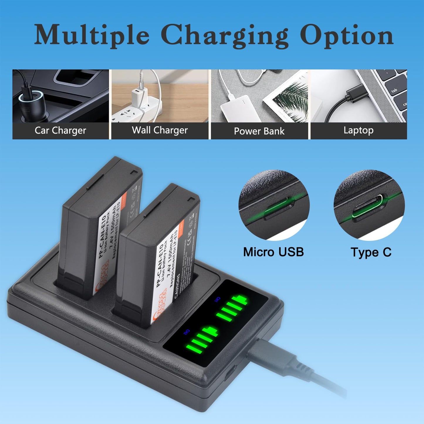 Pickle Power LP-E10 Battery 2-Pack and LED Dual Charger for Canon EOS Rebel T7 T6 T5 T3 T100, EOS 2000D, 3000D, 4000D, 1200D 1100D 1300D 1500D, KISS