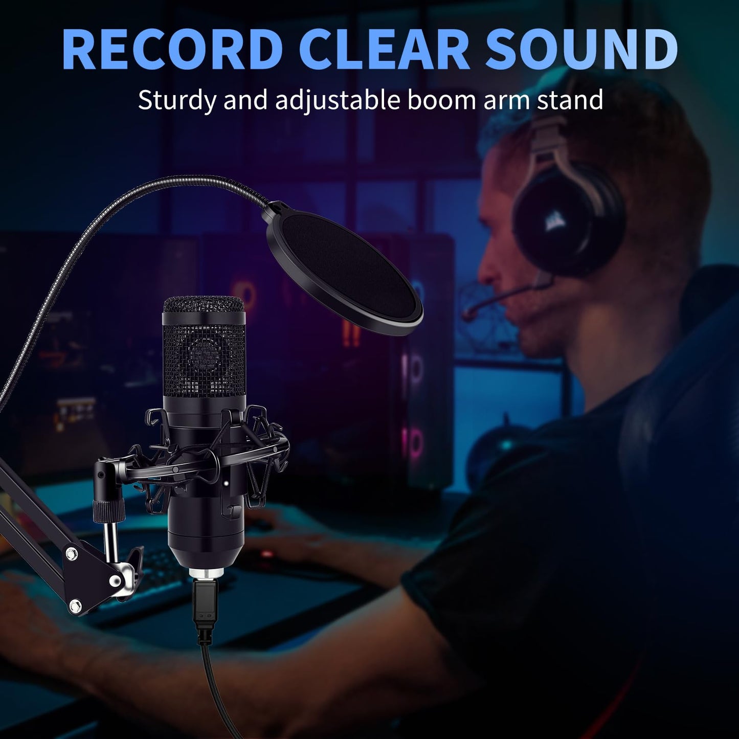 GUHUS USB Condenser Microphone,Computer PC Microphone Kit with Adjustable Boom Arm Stand Shock Mount for YouTube Vocal Gaming Streaming