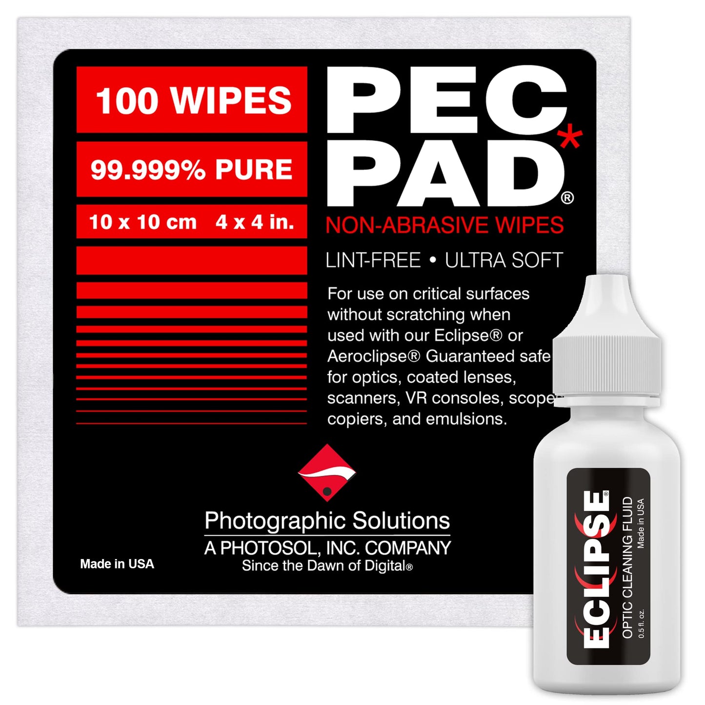 Eclipse Optic Cleaning Fluid (15ml) 0.5oz and PEC-PAD Lint-Free Wipes - Non-Abrasive Cleaning Combo for Lenses & Sensors