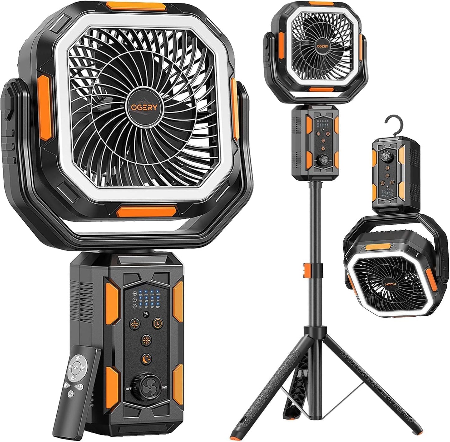 OGERY Camping Fan, Portable Fan with Adjustable Height Stand, 20000mAh Rechargeable Battery Powered Fan with Remote, LED Light, Auto Oscillation, Fast