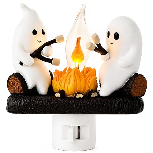 MXXT Ghost Campfire Night Light, Plug-in Wall Flickering Flame Nightlight, Halloween 3D Cute Spooky Marshmallow Ghost Decoration for Bedroom, Spooky