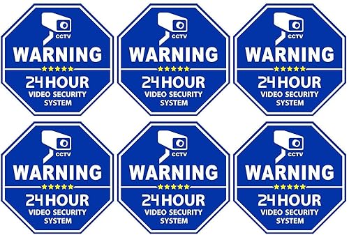 WSQ 6-Pack CCTV Video Surveillance in Vehicle Vinyl Sticker Decal-3.3 X 3.3 Inch Security Door & Window Stickers, Blue Octagon-Shaped, Indoor