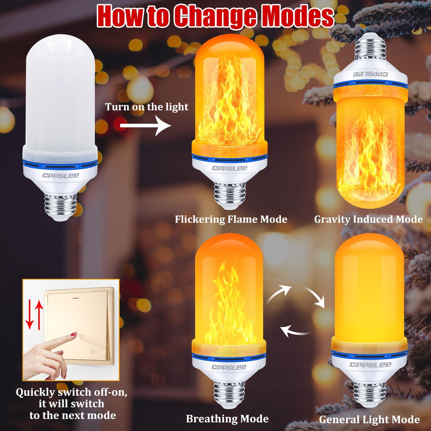 CPPSLEE Upgraded Flame Light Bulbs, 4 Modes Flickering Light Bulbs, E26 Base Fire Flame Bulb for Halloween Decorations Outdoor, Christmas Lights Patio