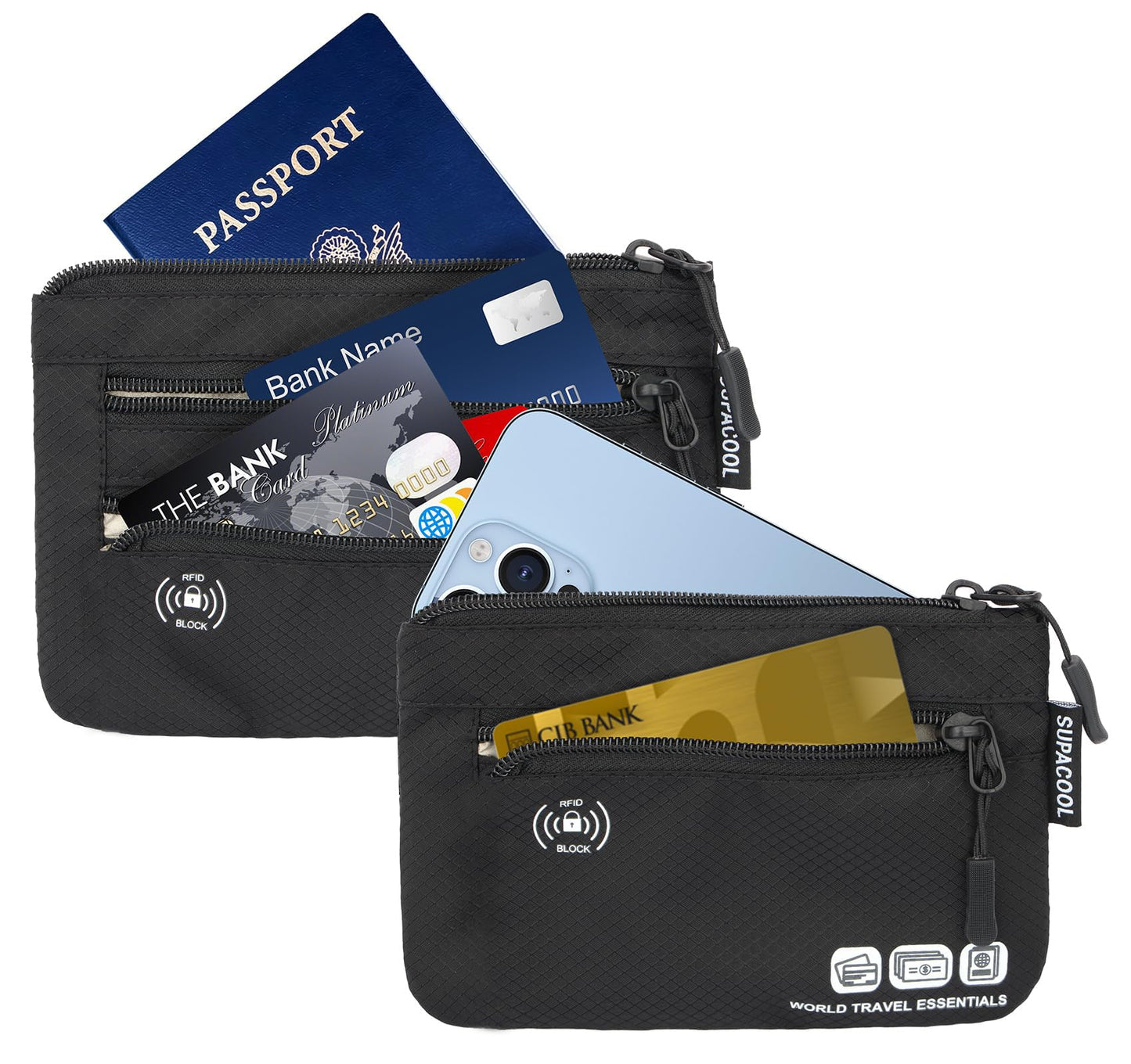 SUPACOOL Passport Holder Bag – RFID Blocking Travel Wallet & Card Organizer Pouch for Men, Women & Family, 2-Piece Set, Black