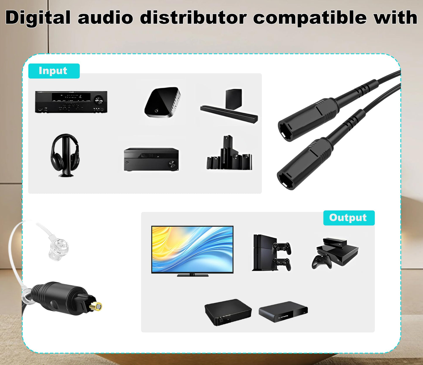 ZMMFTFLY Digital Audio Cable, 1 Male Input and 2 Female outputs, 1 Foot, Digital Optical Audio Cable, Suitable for Home theaters and televisions.