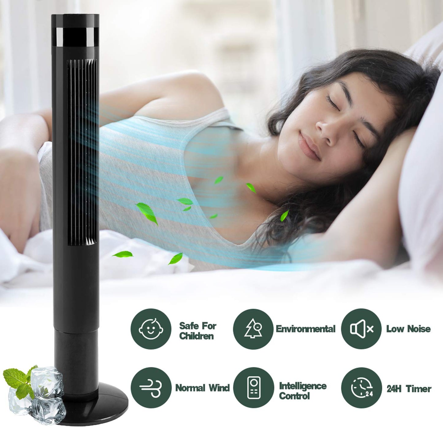 RMYHOME 43” Tower Fan with Oscillation, Remote Control and LED Display, 3 Powerful Wind Modes, Up to 12 H Timer Bladeless Standing Fan, Portable Fan