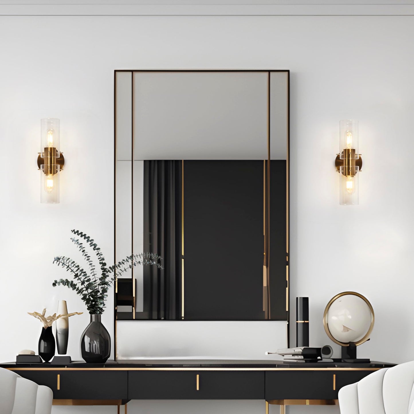 GEPOW Sconces Wall Lighting, Modern Gold Wall Sconces Indoor with Clear Glass Shade, 2-Light Plating Brass Bedroom Bathroom Wall Sconce Light Fixtures