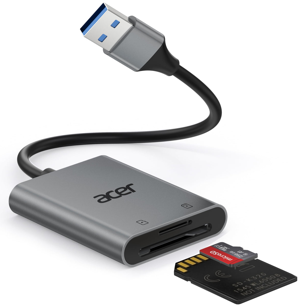 Acer SD Card Reader, USB A 3.0 to Micro Memory Card Reader, Aluminum Dual Slot SD to USB Adapter for Computer, PC, Laptop and Type A Devices
