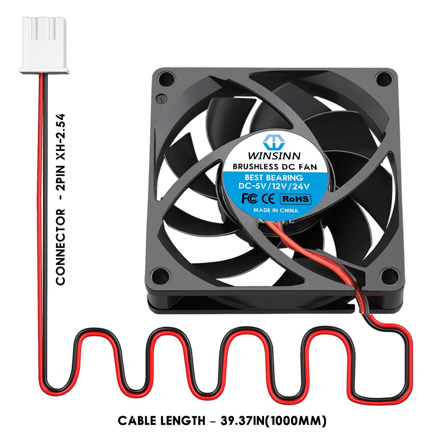 WINSINN 70mm 12V Fan - Dual Ball Bearing 4500 RPM 7015 Cooling Fan Replacement for PC/Computer Case/CPU Cooler, 30cm Cable with XH2.54-2PIN, Brushless