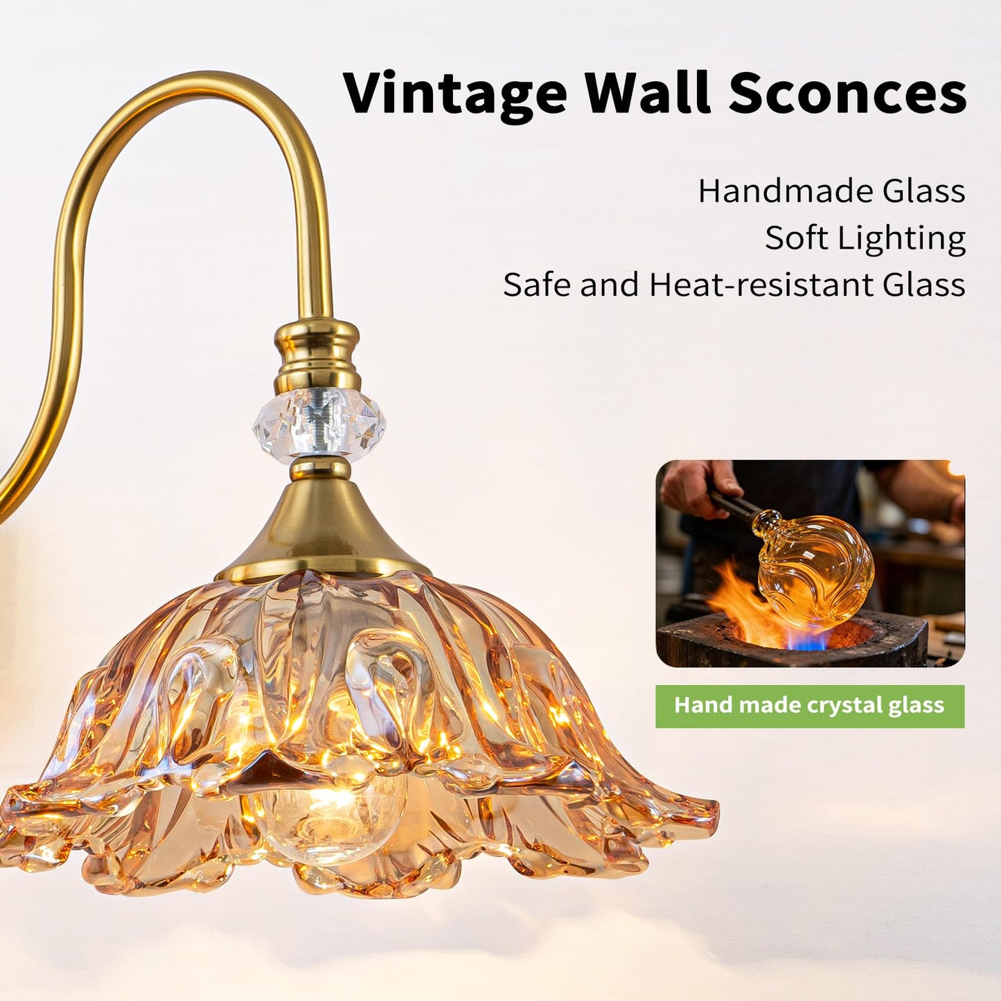 YOGIRL Vintage Gold Bathroom Vanity Light, 3-Lights Matte Antique Brass Finish with Flower Shaped Amber Glass Shades Light Fixture for Bathroom