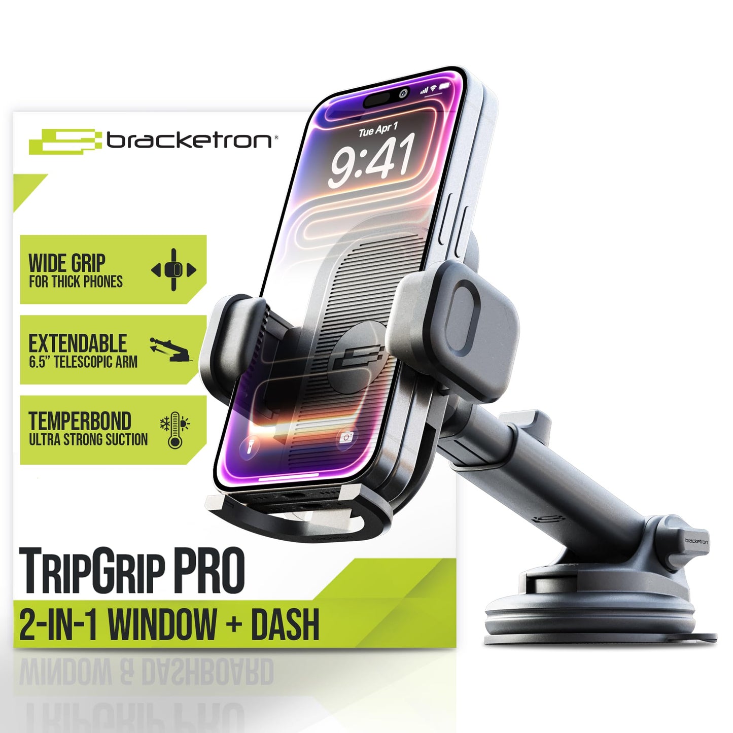 Bracketron TripGrip PRO Car Phone Holder Mount- Universal Phone Holders for Your Car with Telescopic Arm (3.5?-6.5?) for Windshield & Dashboard