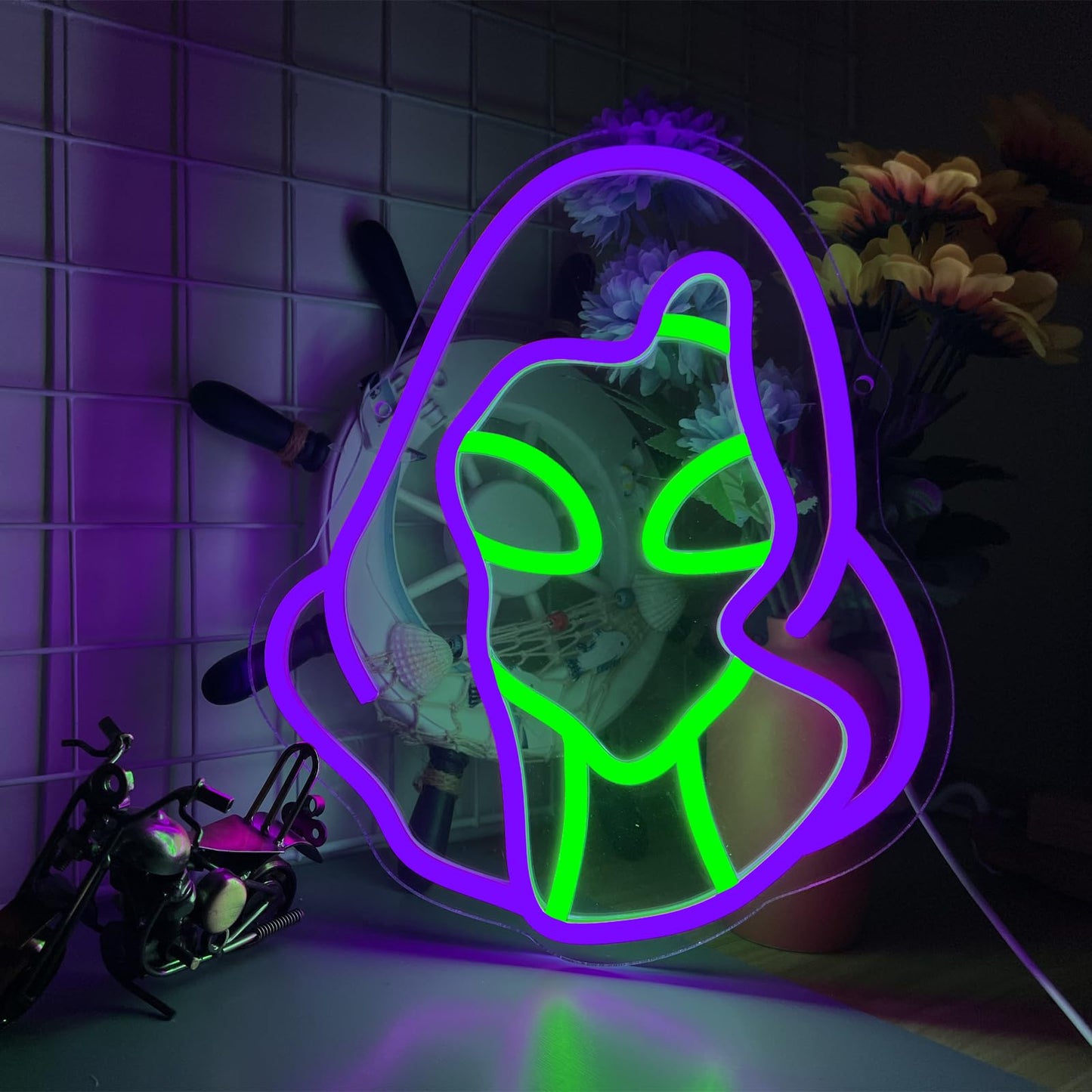 Alien Reaper Neon Sign - 12" x 9.5" Purple & Green LED Neon Light with Dimmer, Premium 5.5mm Thickened Acrylic Base, Cool Cyberpunk Wall Decor