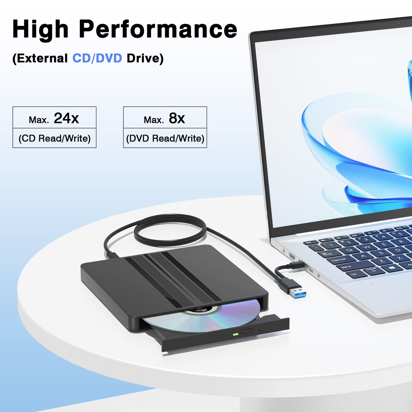 qoyeia External CD/DVD Drive for Laptop, USB External DVD Drive CD Burner Reader for Laptop, DVD/CD-ROM +/-RW Disc Optical Drives for PC Desktop