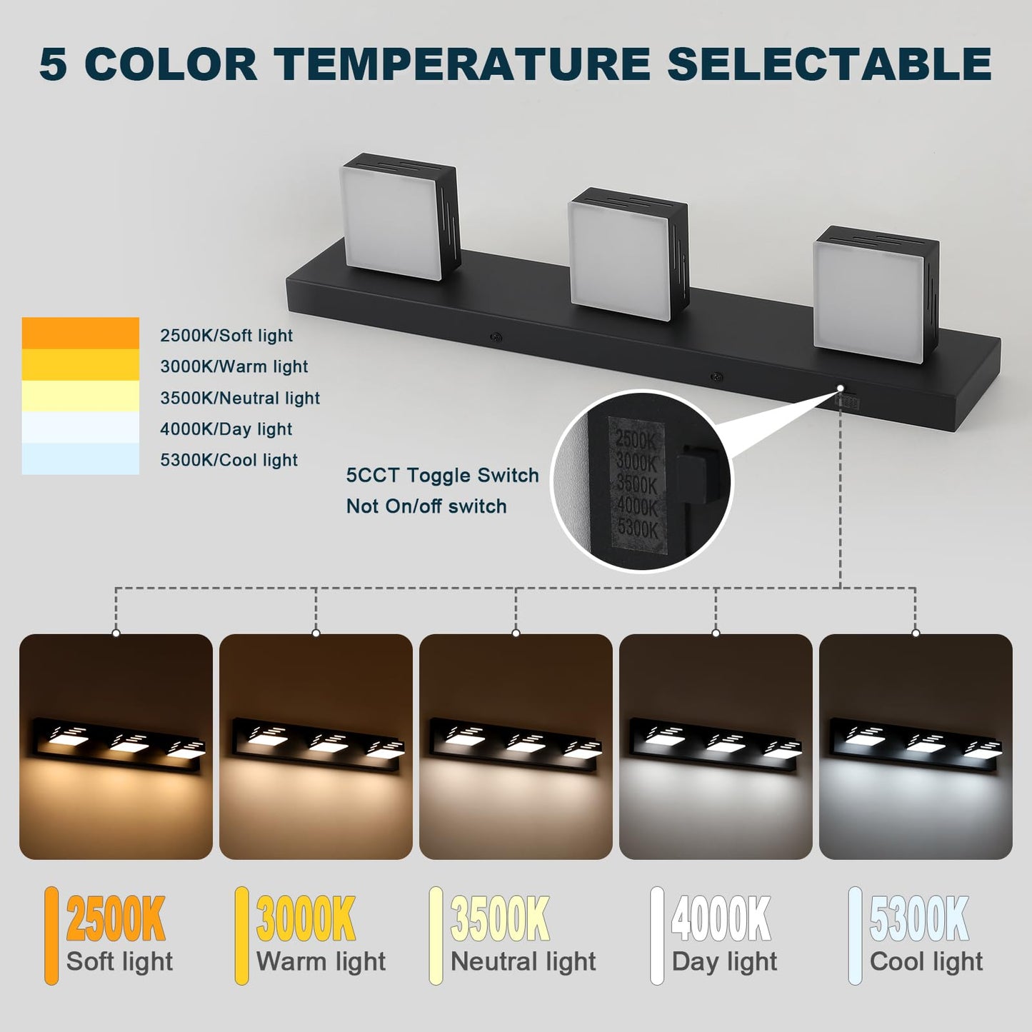 Joosenhouse 3-Light Black Bathroom Vanity Light, 5CCT Dimmable Bathroom Lighting fixtures, LED Vanity Lights Above Mirror 23.6 Inch 24W Makeup Mirror