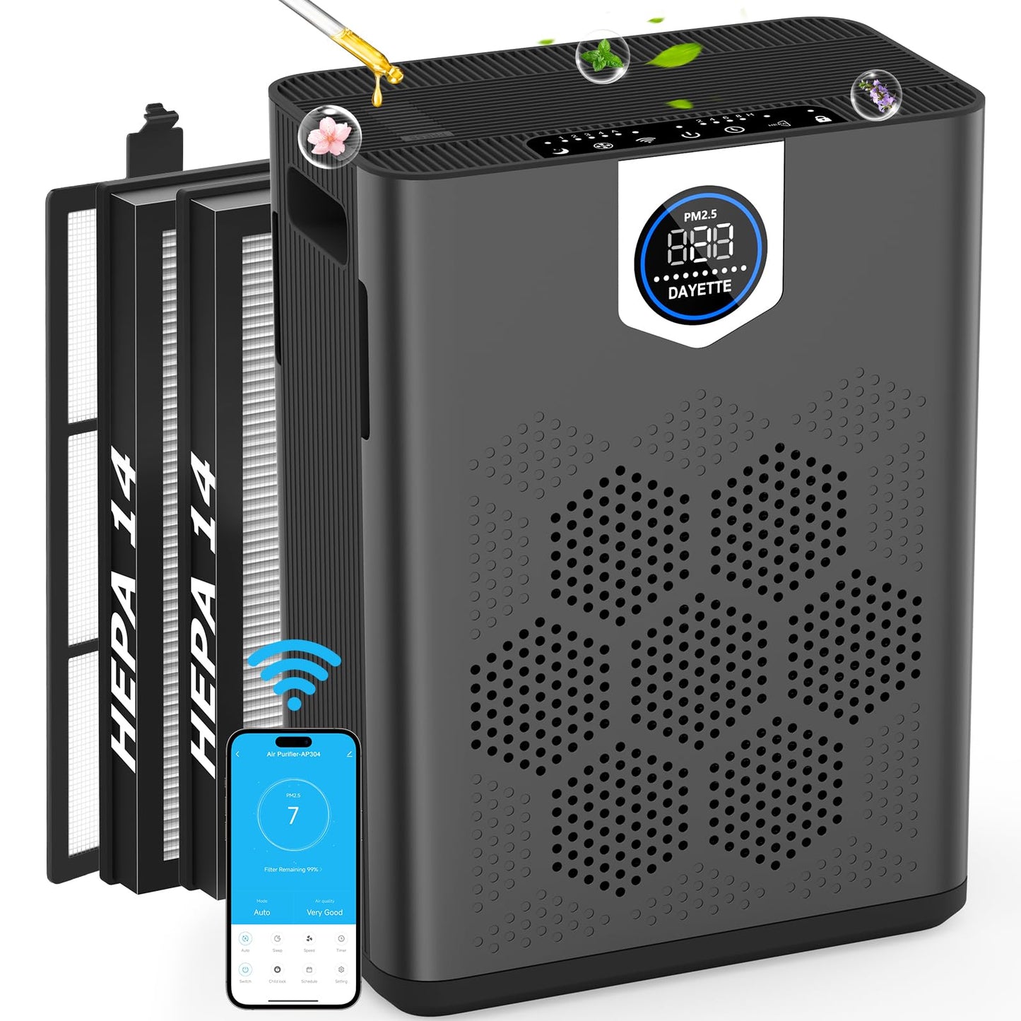 DAYETTE Smart Air Purifiers for Home Large Room with Fragrance, H14 Air Purifier with Washable Filters Up to 3000 Ft², APP & Voice Control & 22 dB