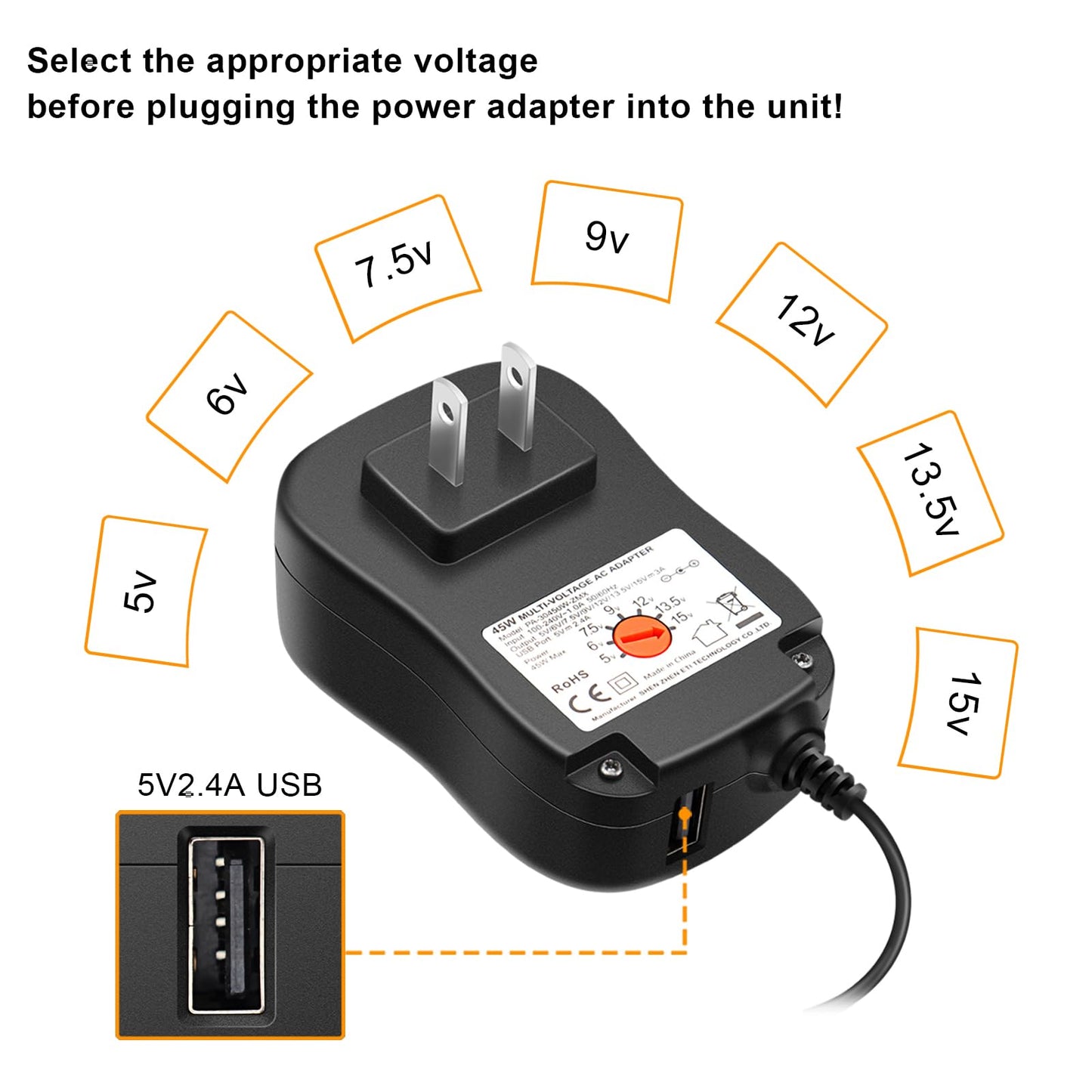 Powseed 45W Universal AC Adapter with 5V 2A USB Port 5V 6V 7.5V 9V 12V 13.5V 15V 3A 2A 1A DC Power Supply Cord with 8 Tips Micro USB 5.5x2.1mm…