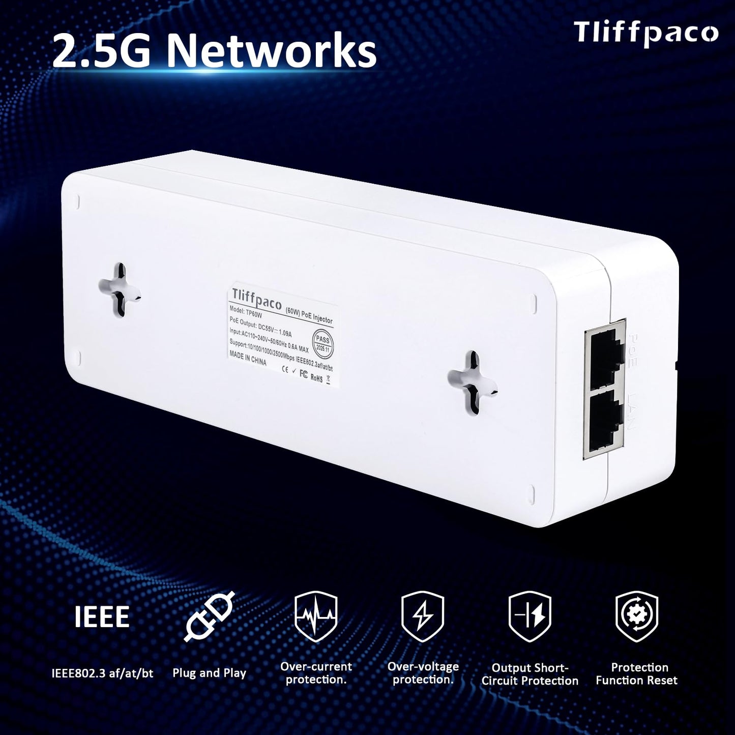 PoE Injector 2.5Gb 60W 55V, 802.3af/at/bt Compliant PoE++ Adapter, Plug & Play, Data & Power Over Ethernet, Up to 328ft, for PTZ IP Camera, Dual Band