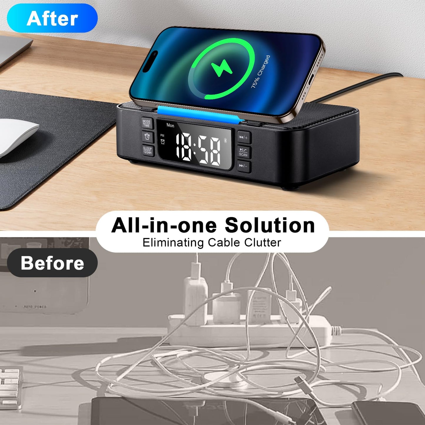 DPNAO 9-in-1 Wireless Charging Station with Bluetooth Speaker, Alarm Clock, FM Radio, Night Light - Compatible iPhone 17/16/15/SamsungS25/S24/Android