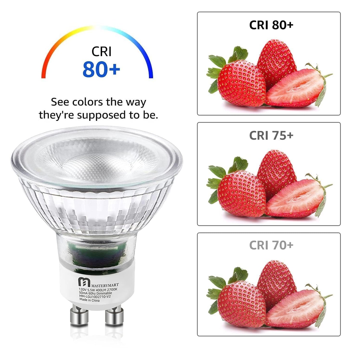 MASTERY MART Dimmable GU10 LED Light Bulbs, 5.5W Bright 2700K Soft White 50W Halogen Equivalent, 400lm Energy Saver for Track Lighting Fixture