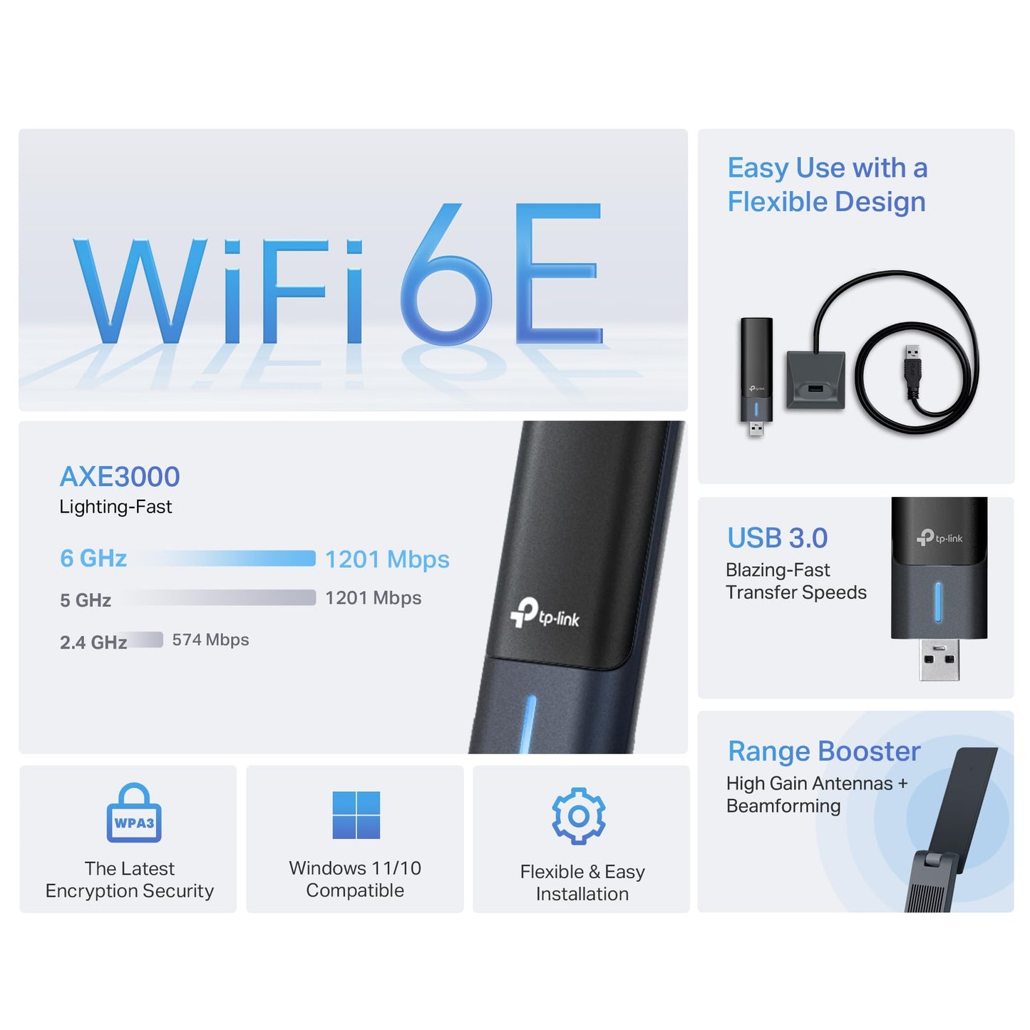 TP-Link WiFi 6E USB Adapter for Desktop PC - (Archer TXE50UH) AXE3000 Tri-Band Wireless Network Adapter, Ultra-Low Latency, MU-MIMO, OFDMA, Refined