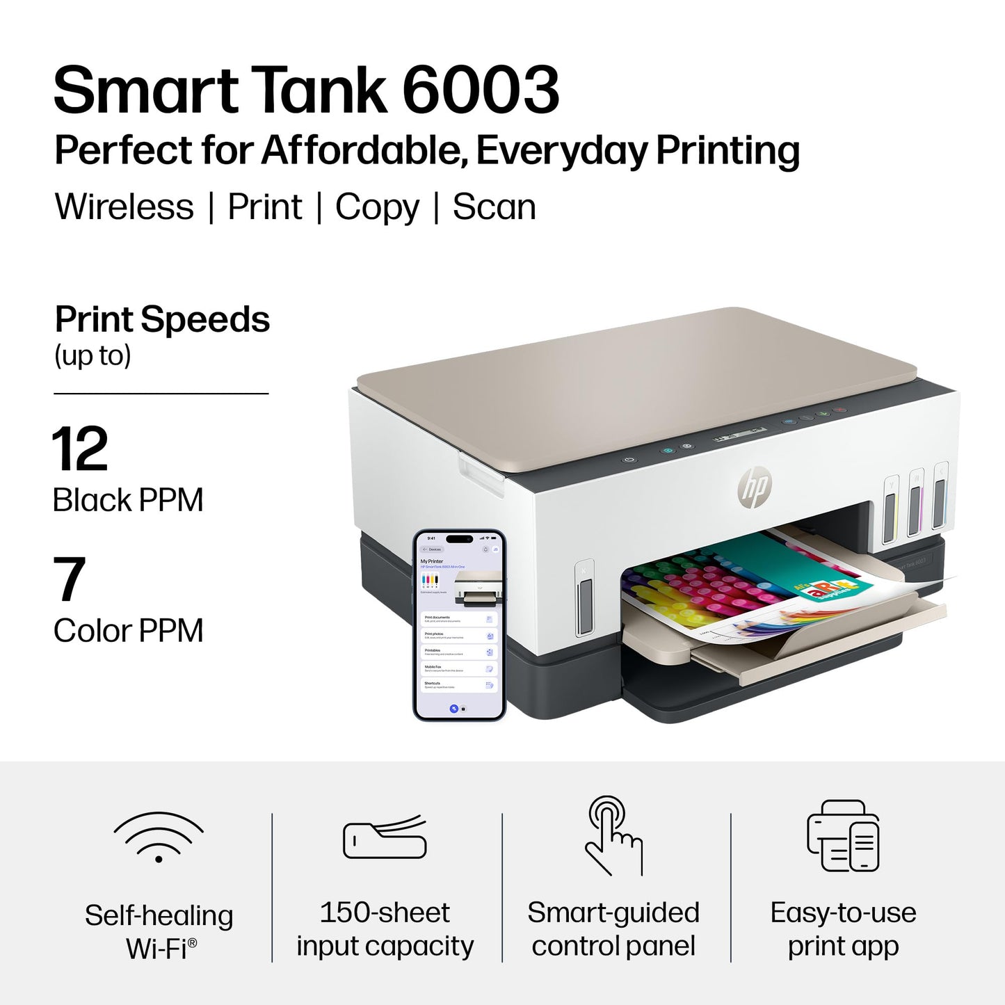 HP Smart Tank 6003 Wireless All-in-One Ink Tank Printer, Scanner, Copier with up to 3 Years of Ink Included, Best-for-Home, Cartridge-Free Refillable