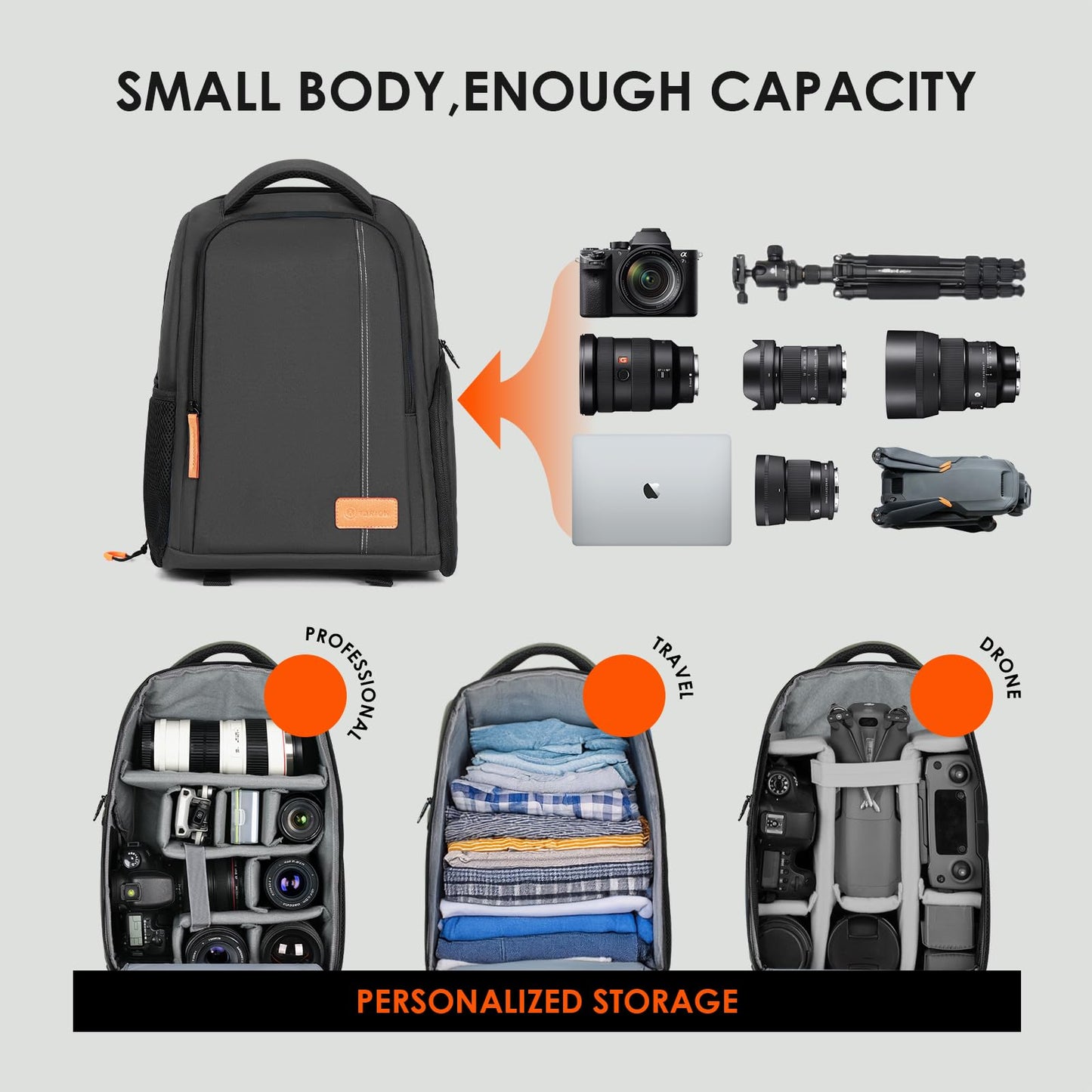 TARION Camera Backpack for Photographers - Compact Camera Bag with 15.6 Inch Laptop Compartment - Side Access Quick Draw - Anti-theft Hidden Pocket