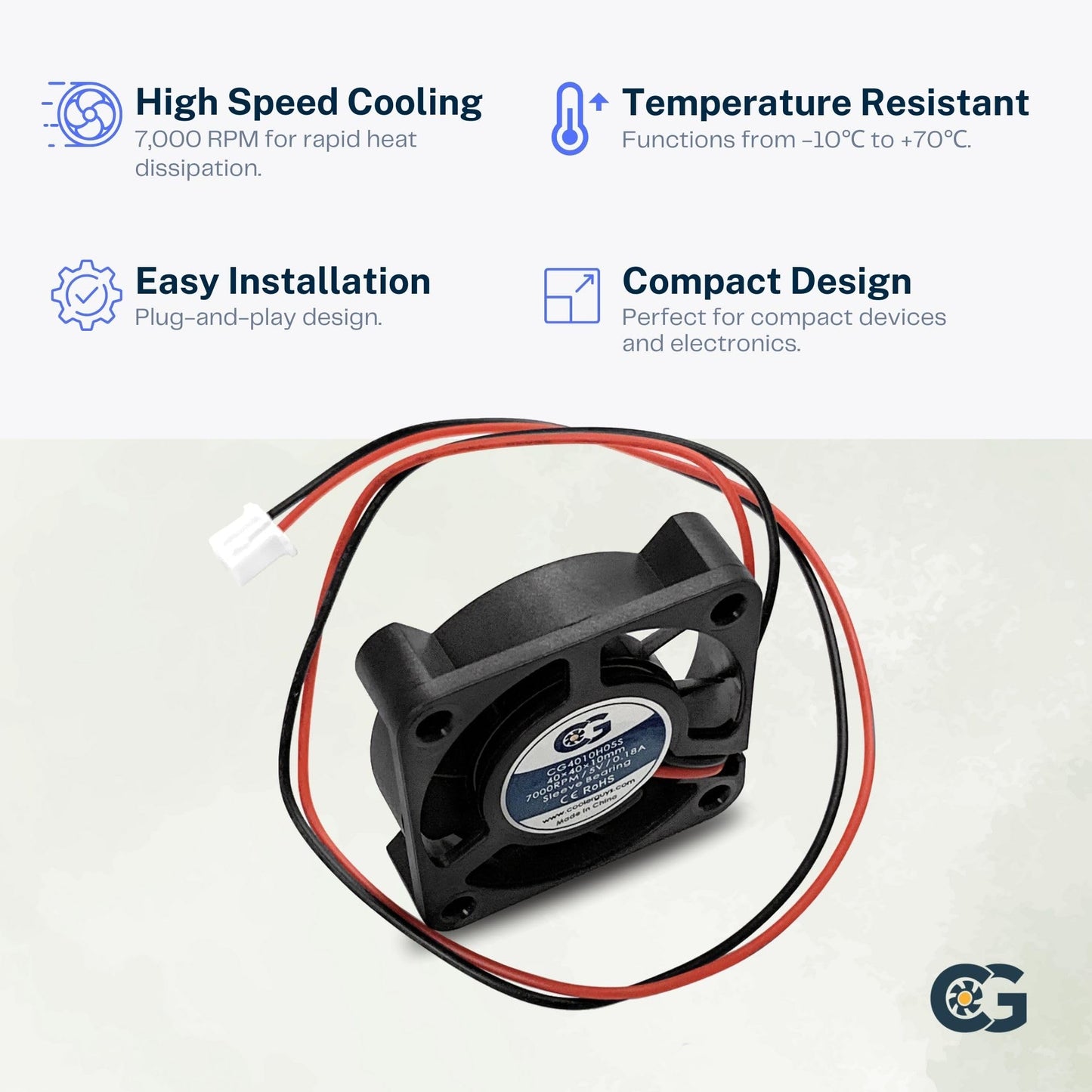 Coolerguys 40x40x10mm 5V 2-Pin High-Speed Fan - Desktop Computer Fan - 7000 RPM, 5.14 CFM, 33.5 dBA Noise Level