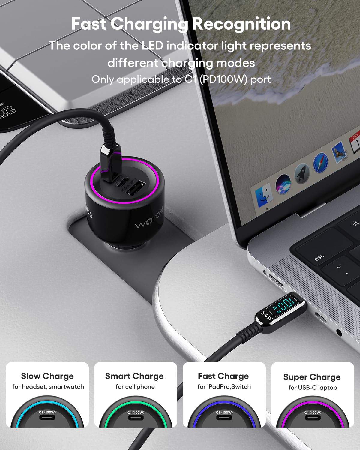 WOTOBEUS 175W 3-Ports USB C Car Charger with Color-Changing LED Indicator, PD3.0 100W 65W PPS45W Fast Charging, Compatible with iPhone 17 16 15 Galaxy