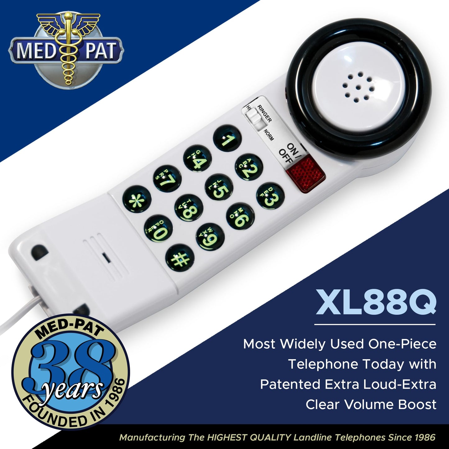 Med-Pat XL88Q - Easy to Use One-Piece Telephone with Ring/in-Use Light Indicator, Extra Loud-Extra Clear Volume Boost, for Busy Settings, Elderly