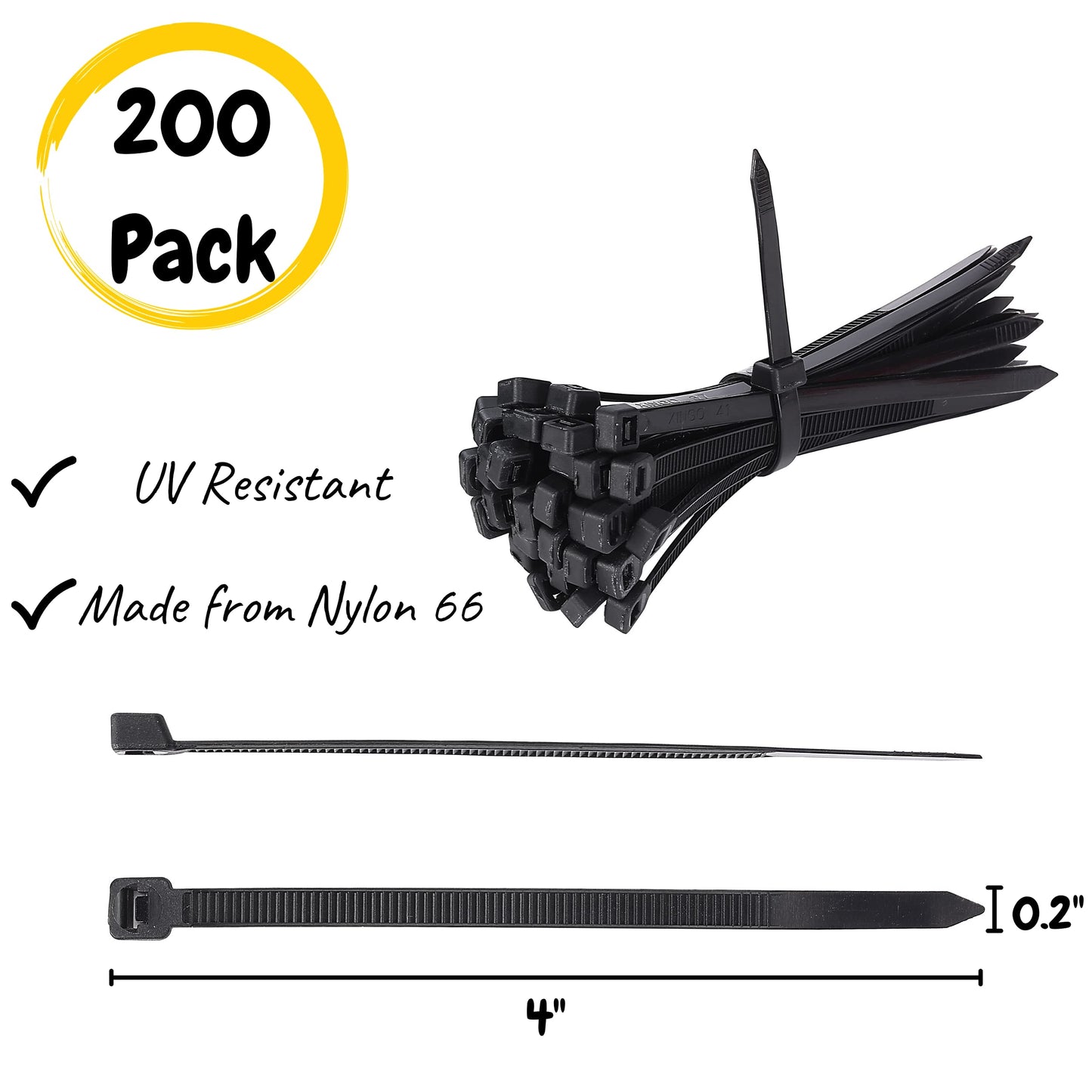 Bates 200 Pack 4 Inch Cable Zip Ties - Black, Electrical, Tie Wraps, Cord Ties