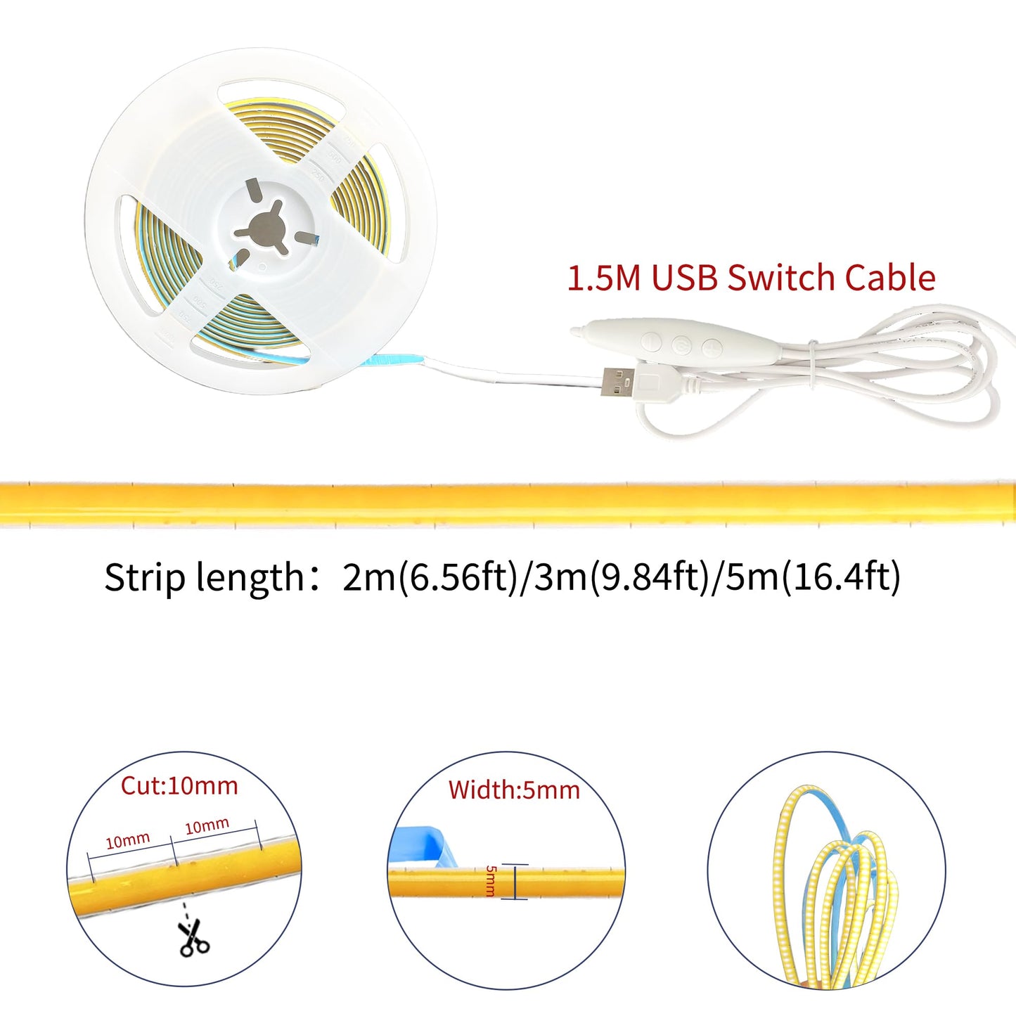 Clearhill 5V 5mm Width USB COB LED Strip Lights with Dimmable Switch,9.84FT/3M,Warm White 3000K,400LEDs/M,8W/M,CRI90,2250lm,Electroplated Double-Sided