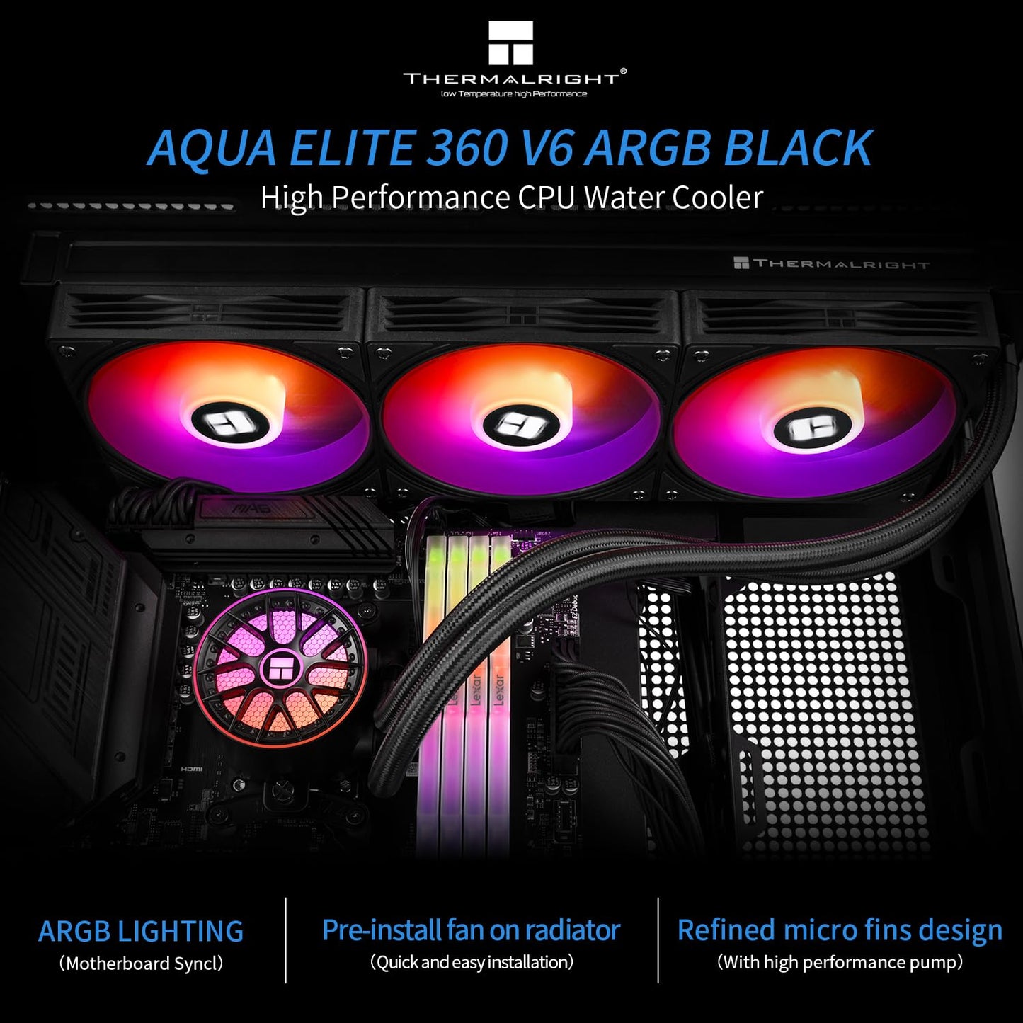 Thermalrlght Aqua Elite 360 V6 ARGB Black AIO CPU Cooler, ARGB PWM Cooler Fans with 2000RPM, for Intel Lga1150/1151/1155/1156/1200/2011/1700/1851