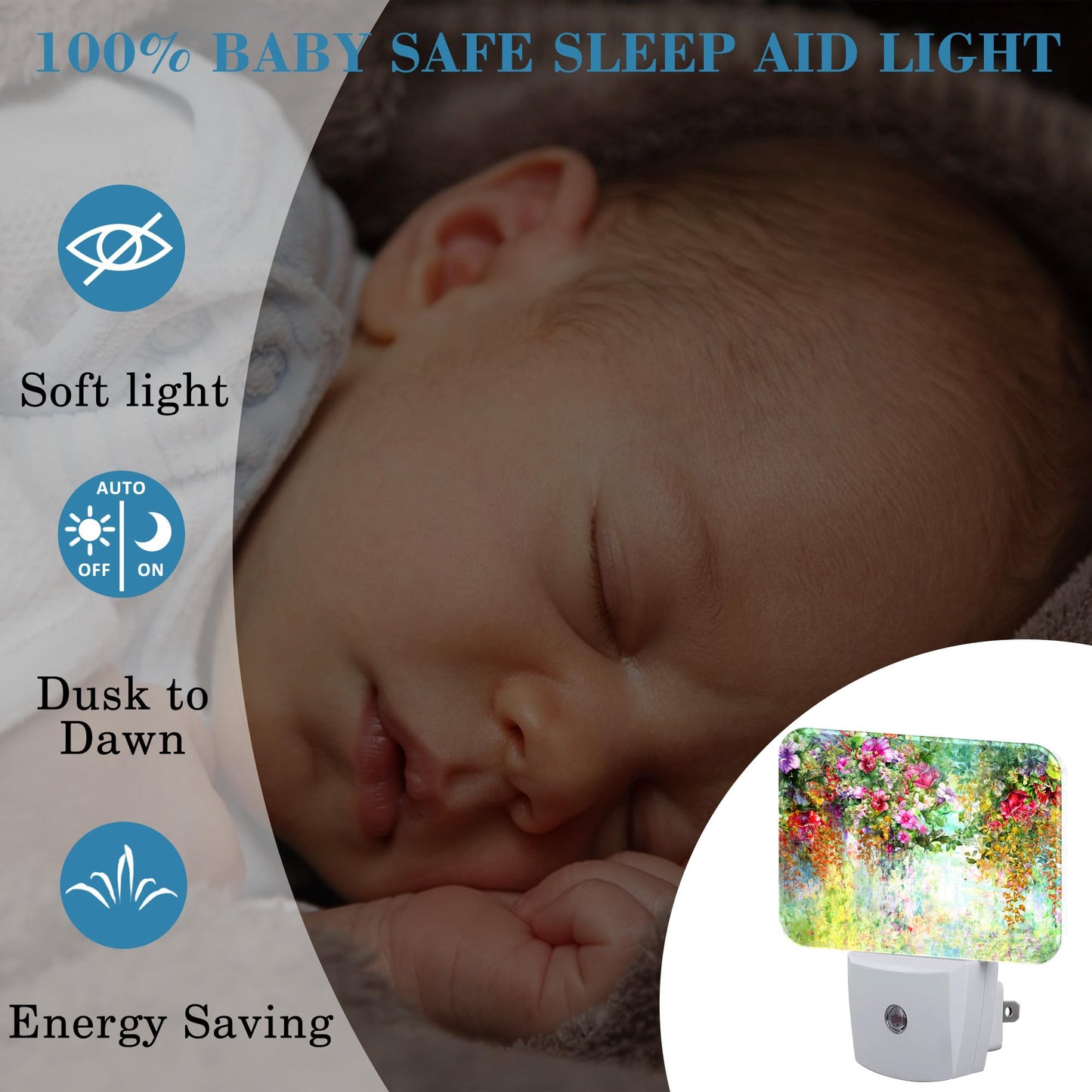 Abstract Watercolor Flowers Night Light Flowers Oli Painting Nightlight Plug into Wall with Dusk to Dawn Sensor for Kid Girls Boys Women Men Room