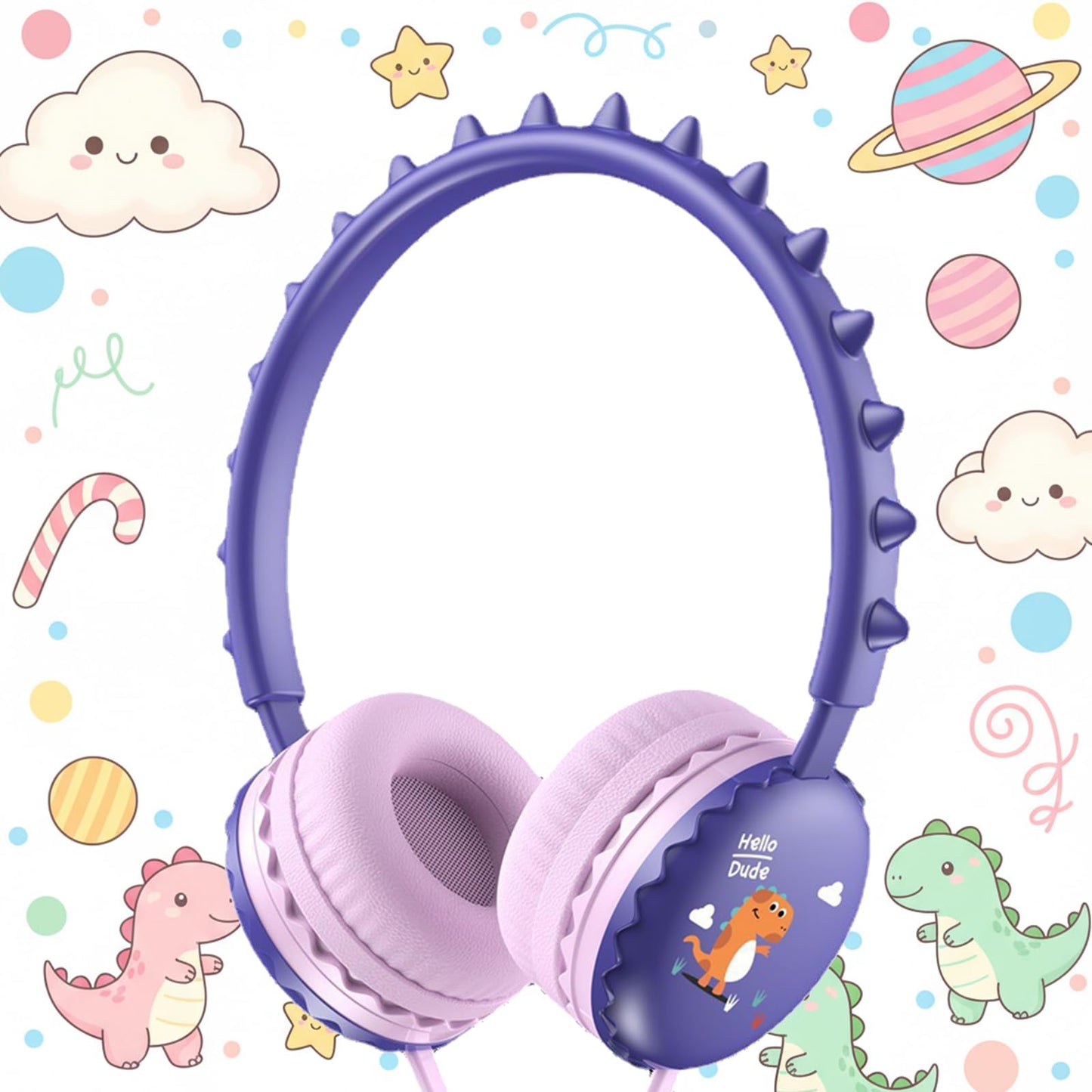 KERHAND Kids Dinosaur Wired Headphones with Noise Cancelling Purple