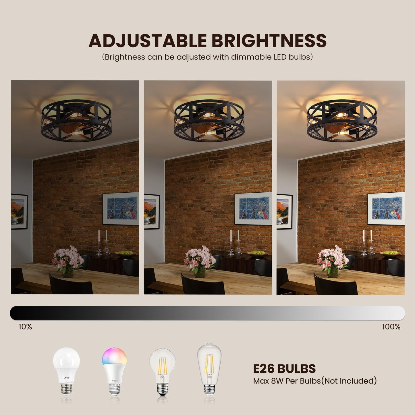 MOOONICHE 20" Caged Ceiling Fans with Lights, Modern Dimmable Flush Mount Ceiling Fan with Lights Remote, Black Low Profile Ceiling Fan for Bedroom