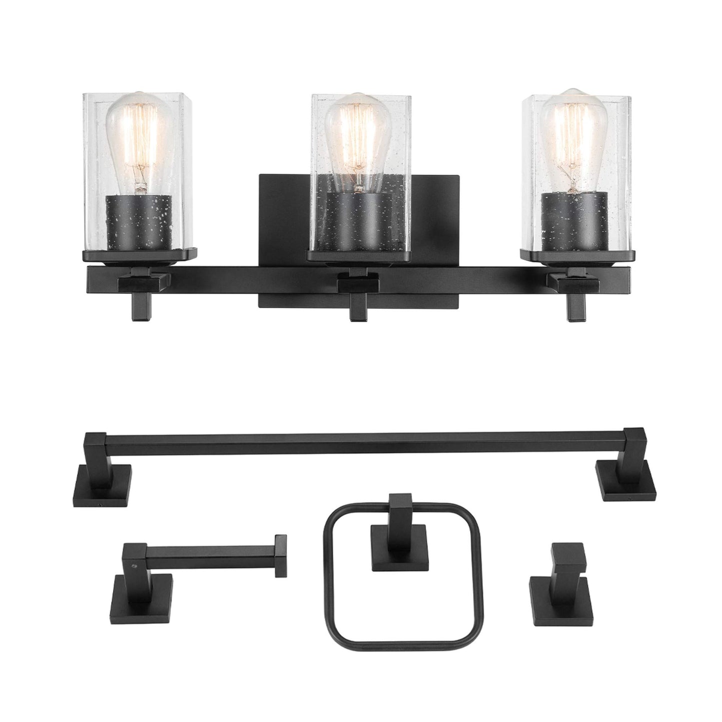 Globe Electric 51634 Dakota 5-Piece All-in-One Bathroom Set 3 Vanity Light with Seeded Glass Shades, Bar, Toilet Paper Holder, Towel Ring, Robe Hook