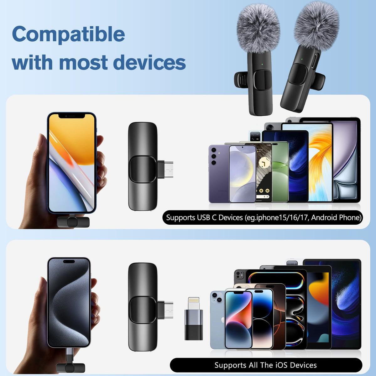 Professional Wireless Microphone for iPhone,iPad,Android, Lavalier Lapel Mic for Video Recording, Mini Mic Crystal Clear Recording with USB-C for