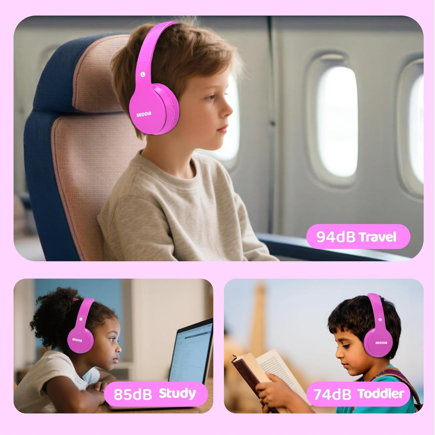 MIDOLA Kids Headphones Bluetooth 5.4 Wireless 68H Play Time Volume Limit 85/94dB Over-Ear Foldable Headset,Type-C Fast Charging, Wired Aux Mic…
